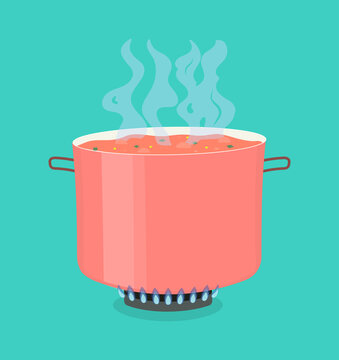 Cooking accessories concept. Saucepan with open lid on fire. Cooking soup. Design for stickers, social networks and icons. Cartoon contemporary flat vector illustration isolated on blue background