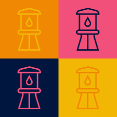 Pop art line Water tower icon isolated on color background. Vector