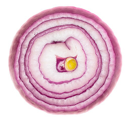 Red onion slice isolated on a white background, top view. Violet onion slice.