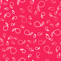 White line Pear icon isolated seamless pattern on red background. Fruit with leaf symbol. Vector