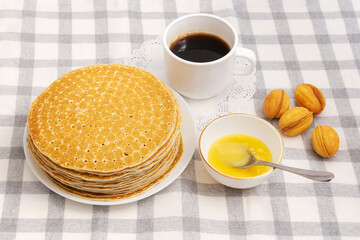 breakfast with pancakes, Russian pancakes stuffed with cottage cheese, stack of pancakes with syrup