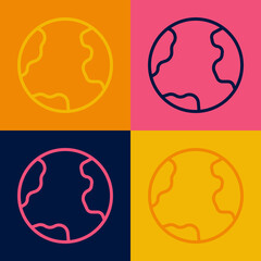 Pop art line Earth globe icon isolated on color background. World or Earth sign. Global internet symbol. Geometric shapes. Vector