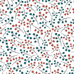 Seamless pattern: decorative twigs with red and blue berries. A vector image in the style of a doodle.