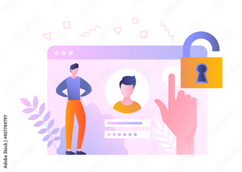 Poster screen with login or registration data concept. man enters password and opens lock. log in to your p