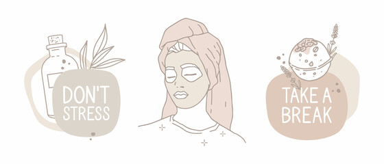 Vector illustrations set. Outline drawing, abstract shapes, pastel colors. Lettering 