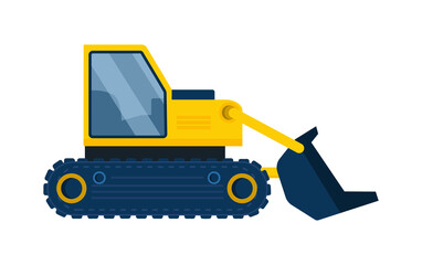 Large excavator concept. Sticker with construction equipment for digging up earth. Design element for website, poster and social network. Cartoon flat vector illustration isolated on white background