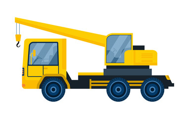 Truck with crane concept. Modern equipment for repair and construction buildings. Mechanism for lifting and carrying loads. Cartoon contemporary flat vector illustration isolated on white background
