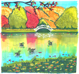 A sketch of an autumn pond with floating ducks, trees with colorful foliage and a small white bridge