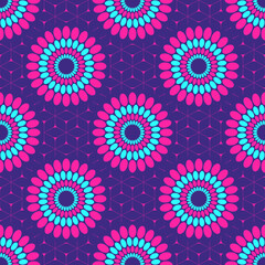 Seamless african fashion vector pattern with circles, round shapes. Bright, vibrant colors. Pink, turquoise colors. Color illustration.