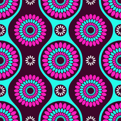 Seamless african fashion vector pattern with circles. Round shapes, wavy lines. Bright, vibrant colors. Pink, turquoise colors. Color illustration.