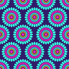 Seamless african fashion vector pattern with circles, round shapes. Bright, vibrant colors. Pink, turquoise, yellow colors. Color illustration.