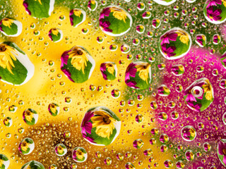 glass with water drops and flower behind it - art macro photography