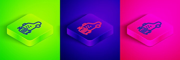 Isometric line Taxi car icon isolated on green, blue and pink background. Square button. Vector