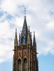 Fototapeta na wymiar Tower of the colonial church named Saint Andrew United Church in Montreal, Canada