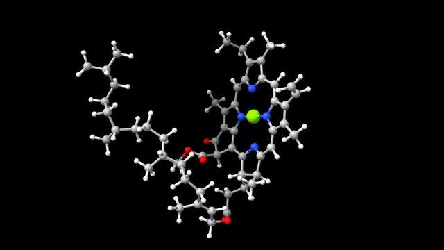 Animated 3D ball-and-stick model of the pigment chlorophyll a, black background
