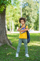 A little schoolboy with curly hair in a yellow T-shirt stands in the park and holds his textbooks and notebooks
