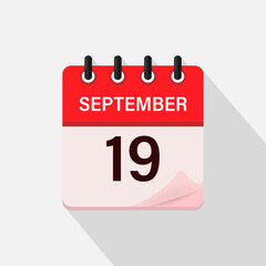 September 19, Calendar icon with shadow. Day, month. Flat vector illustration.