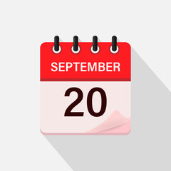 September 20, Calendar icon with shadow. Day, month. Flat vector illustration.