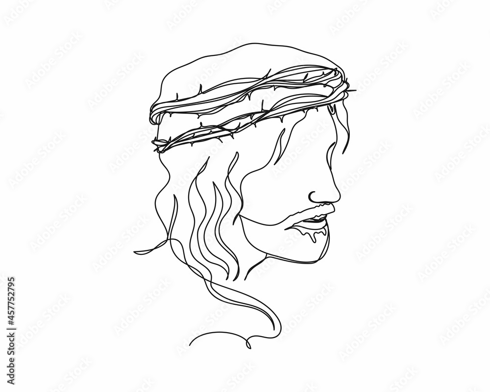 Wall mural continuous one line drawing of jesus christ wearing a crown of thorns icon in silhouette on a white 