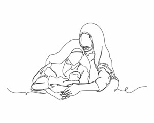 Continuous one line drawing of Christmas nativity scene Mary with baby Jesus icon in silhouette on a white background. Linear stylized.
