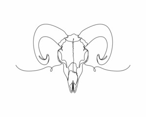 Continuous one line drawing of goats skull mystical concept icon in silhouette on a white background. Linear stylized.