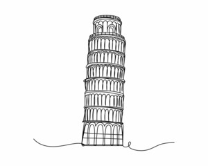 Continuous one line drawing of leaning tower of pisa icon in silhouette on a white background. Linear stylized.