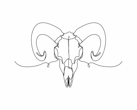 Continuous one line drawing of goats skull mystical concept icon in silhouette on a white background. Linear stylized.