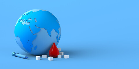 Fototapeta premium Sugar cubes, blood drop and syringe. World Diabetes Day. Copy space. 3D render.