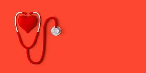 Stethoscope with heart on red background. Copy space.  3D illustration.