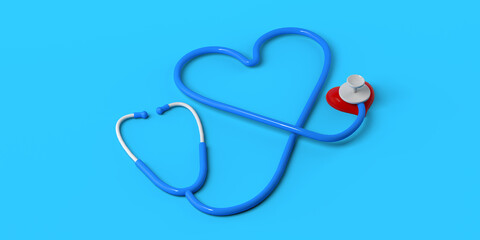 Heart-shaped stethoscope. Copy space. 3D illustration.
