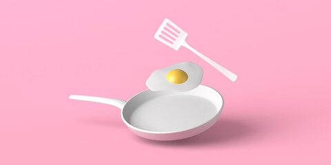 Fried egg floating with cooking shovel. Copy space. 3D illustration.