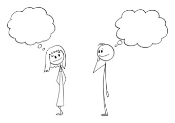 Shy Man and Woman Looking at Each Other and Feeling Love , Vector Cartoon Stick Figure Illustration