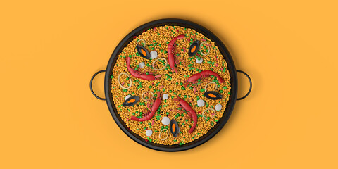 Traditional Spanish dish of seafood paella. Flat lay. Copy space. 3D illustration.