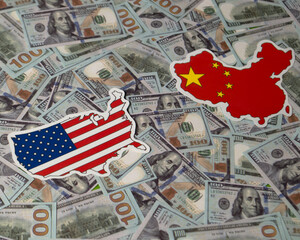 Outline of the USA and China countries against the background of US dollars.