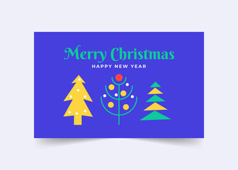 Creative Christmas Trees. Cute Merry Christmas greeting card. Blue Holiday Greeting with colorful Illustration. Happy new year, banner, cover, invitation, card, ad.