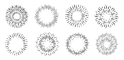 Set of vintage sunburst. Light rays design template graphic elements. Sketch vector illustration