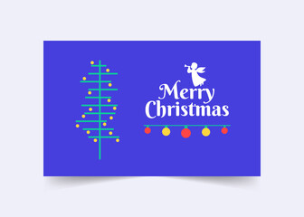 Merry Christmas and Happy New year Greeting card template. Digital Holiday greeting card with Christmas tree, decorations, light, angels. Colorful Xmas cards with blue background, Vector Illustration.