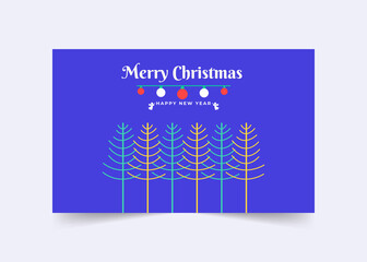 Merry Christmas and Happy New year Greeting card template. Digital Holiday greeting card with Christmas tree, decorations, light, angels. Colorful Xmas cards with blue background, Vector Illustration.