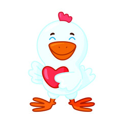 Happy smiling white chick in love with red  heart vector illustration