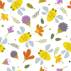 Bees fly around clovers and flowers. Floral pattern.