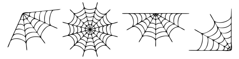 Spiderweb varieties set. Black mesh patterns with halloween party ornament. Sticky trap of intertwining dangerous vector lines - obrazy, fototapety, plakaty