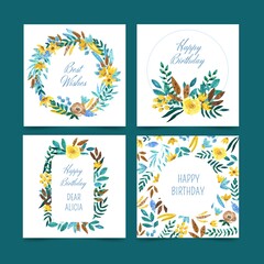 Fototapeta na wymiar birthday cards collection with flowers vector design illustration