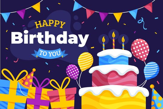happy birthday you flat  with cake gifts vector design illustration