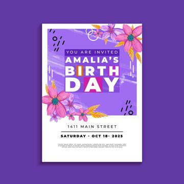 birthday invitation template with colorful flowers vector design illustration