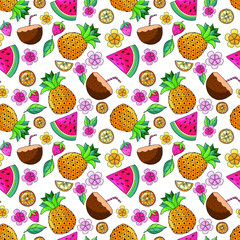colorful summer food and tropical fruits, flowers and leaves seamless pattern