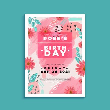 birthday invitation template with different colorful flowers vector design illustration