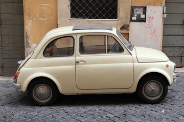 Rome Street View with Parked Iconic White Vintage Car