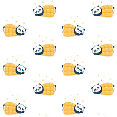 Vector seamless pattern, panda sleeps under the blanket. Children's design for nursery, poster, fabric, textile, print, wallpaper.