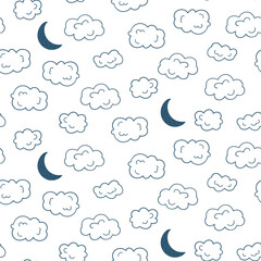 Vector seamless pattern of the night sky with moon, cloud. Children's design for nursery, poster, fabric, textile, print, wallpaper.
