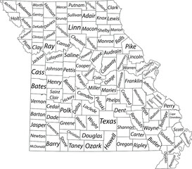 White vector map of the Federal State of Missouri, USA with black borders and name tags of its counties